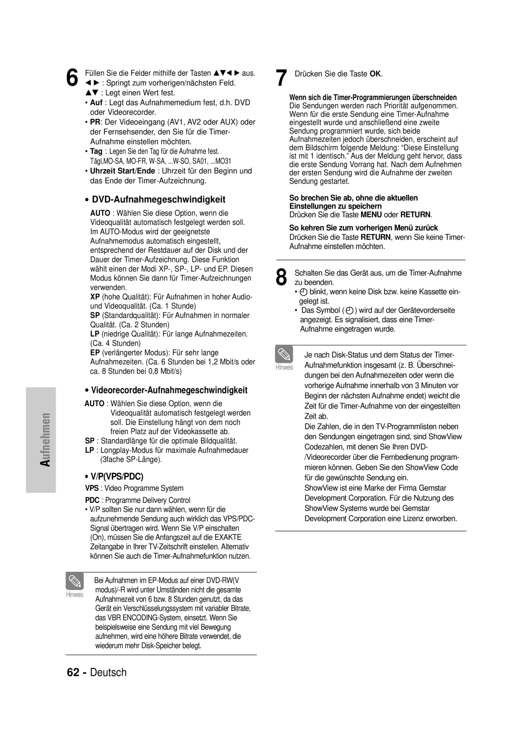 Samsung DVD-VR325/XEG manual DVD-Aufnahmegeschwindigkeit, Videorecorder-Aufnahmegeschwindigkeit 