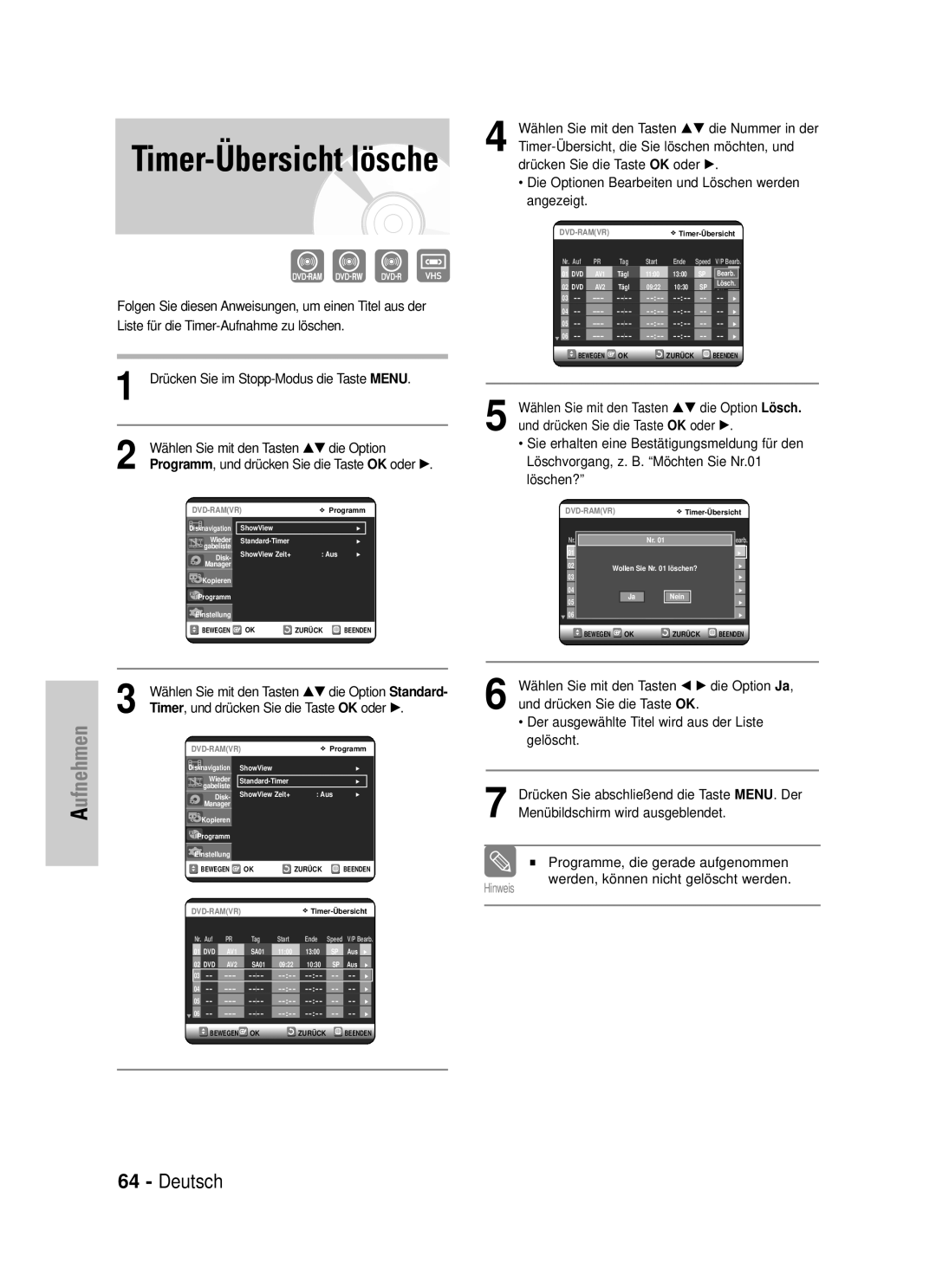Samsung DVD-VR325/XEG manual Timer-Übersicht lösche, Timer, und drücken Sie die Taste OK oder √ 