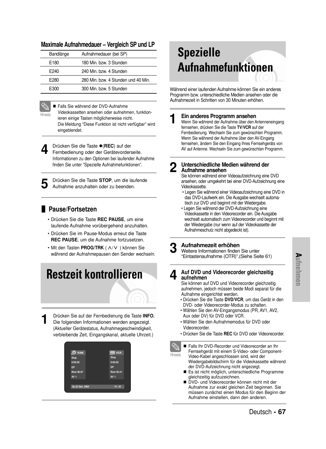 Samsung DVD-VR325/XEG manual Spezielle Aufnahmefunktionen, Ein anderes Programm ansehen 