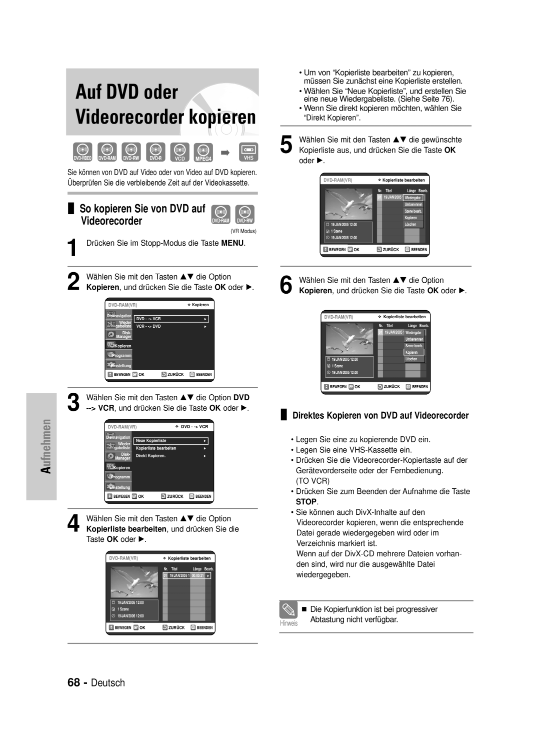 Samsung DVD-VR325/XEG manual Auf DVD oder Videorecorder kopieren, So kopieren Sie von DVD auf Videorecorder 