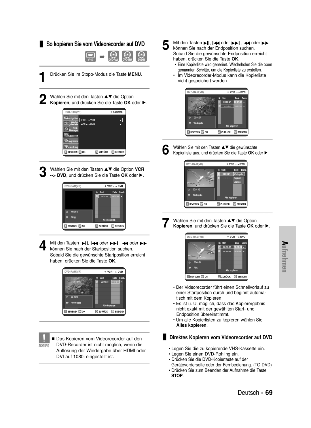 Samsung DVD-VR325/XEG manual So kopieren Sie vom Videorecorder auf DVD, Direktes Kopieren vom Videorecorder auf DVD 