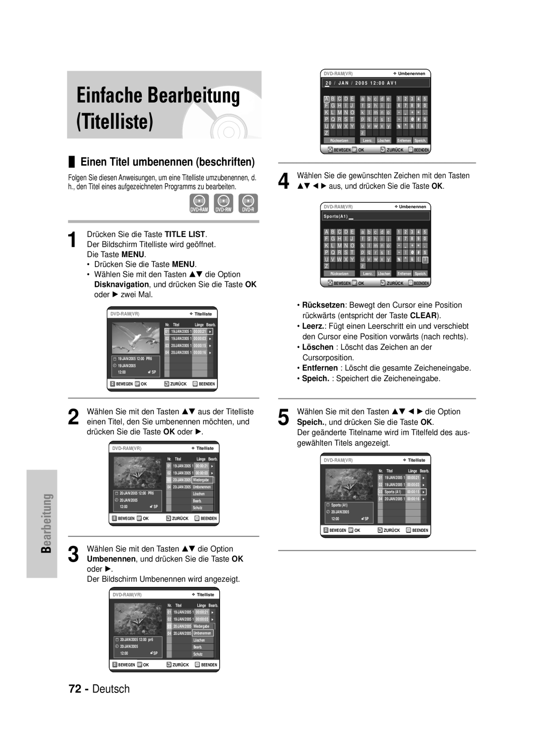 Samsung DVD-VR325/XEG manual Einfache Bearbeitung Titelliste 