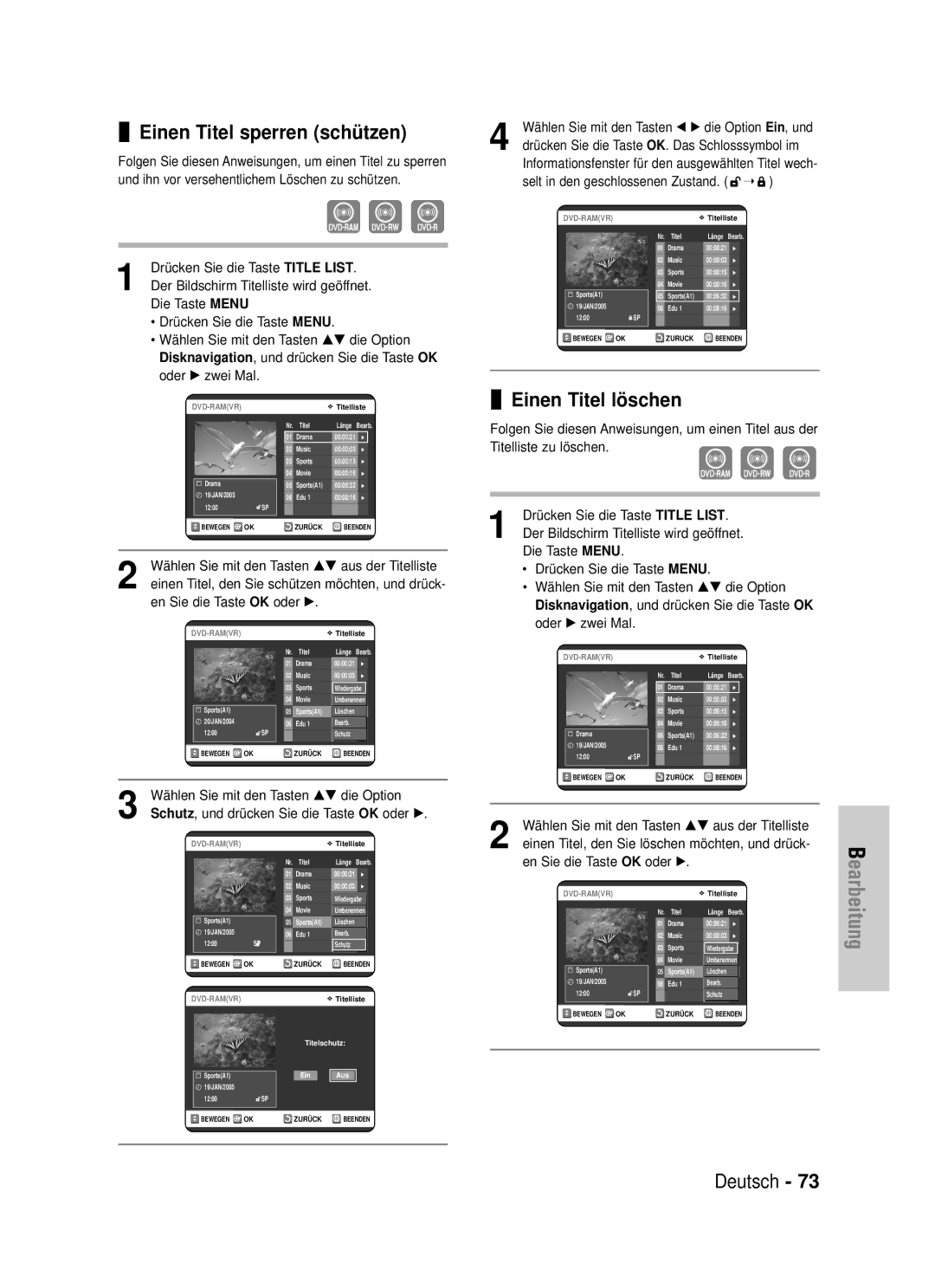 Samsung DVD-VR325/XEG manual Einen Titel sperren schützen, Einen Titel löschen, Die Taste Menu 