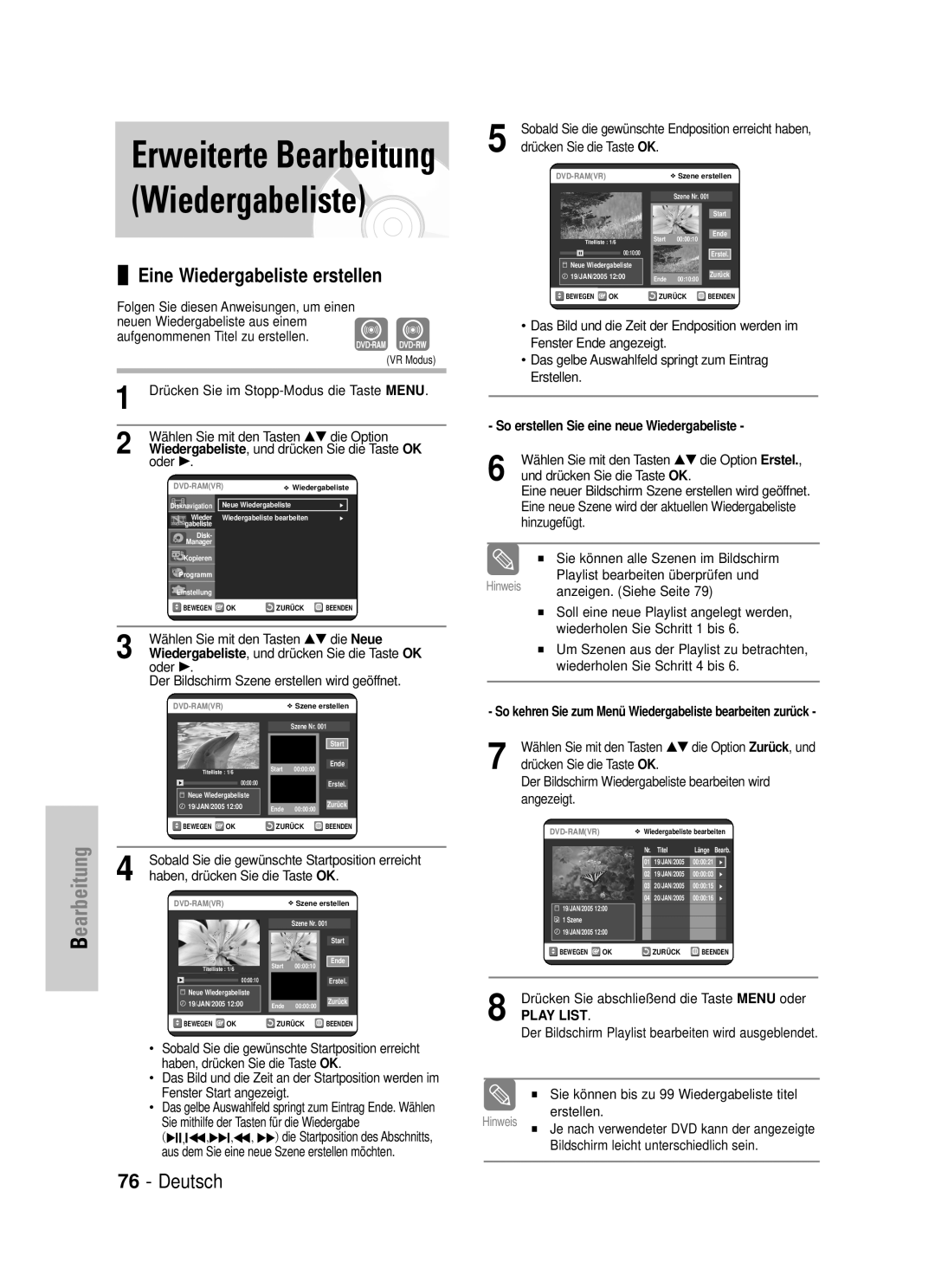 Samsung DVD-VR325/XEG manual Eine Wiedergabeliste erstellen, So erstellen Sie eine neue Wiedergabeliste 