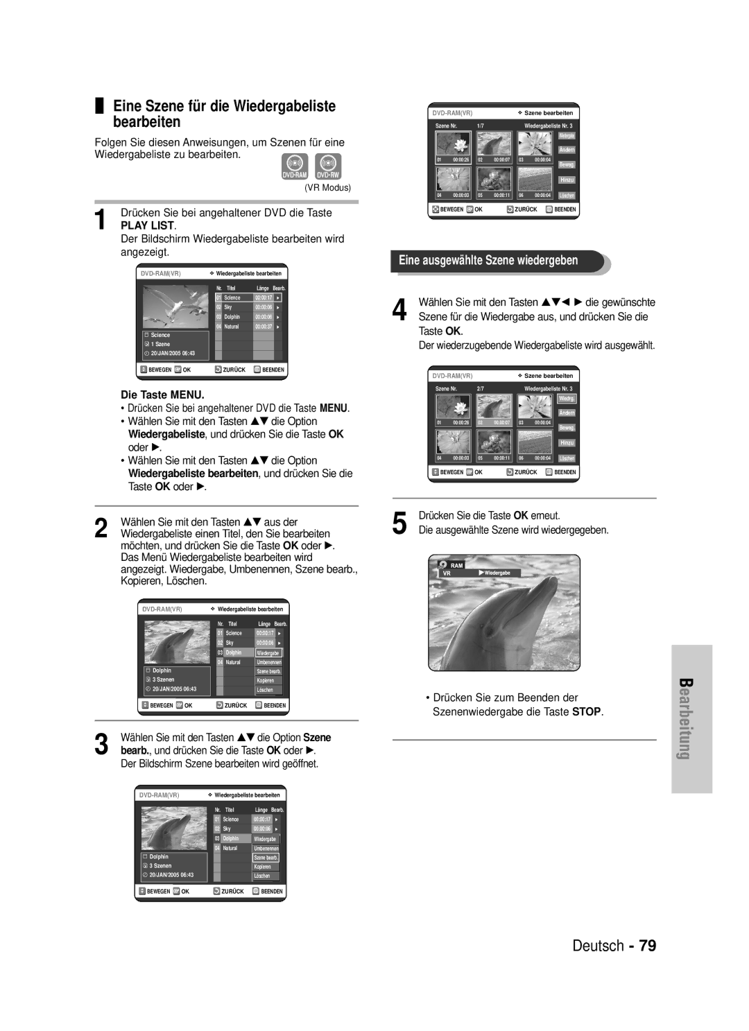 Samsung DVD-VR325/XEG manual Eine Szene für die Wiedergabeliste bearbeiten, Drücken Sie die Taste OK erneut 