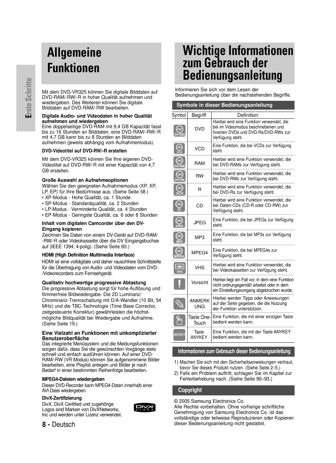 Samsung DVD-VR325/XEG manual Allgemeine Funktionen, Wichtige Informationen zum Gebrauch der Bedienungsanleitung 