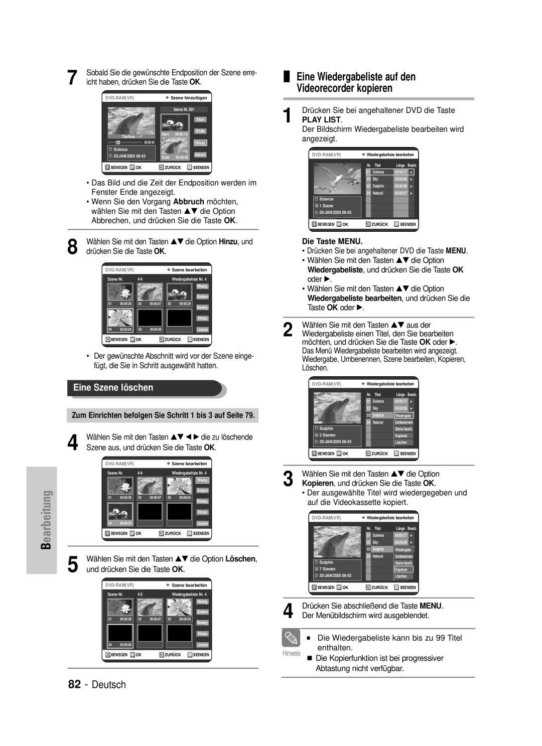 Samsung DVD-VR325/XEG manual Videorecorder kopieren, Szene aus, und drücken Sie die Taste OK, Enthalten 