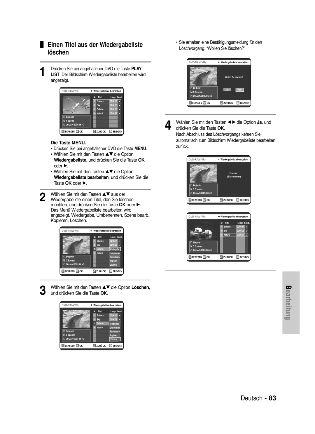 Samsung DVD-VR325/XEG manual Einen Titel aus der Wiedergabeliste löschen 