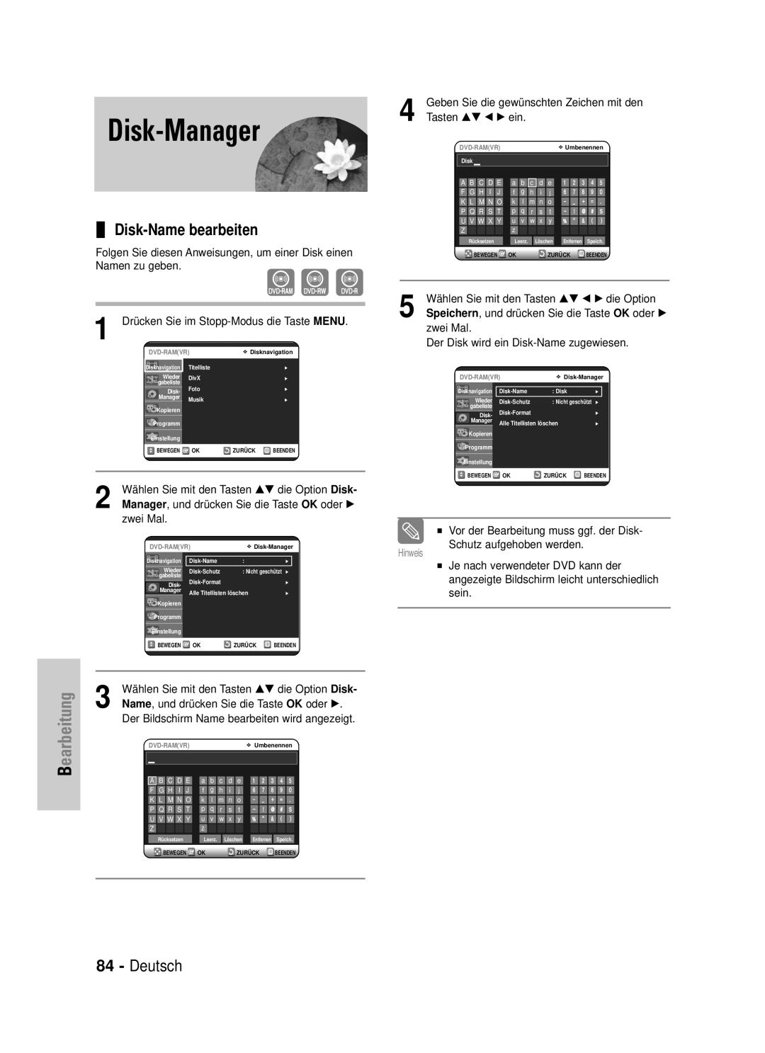 Samsung DVD-VR325/XEG manual Disk-Manager, Disk-Name bearbeiten 