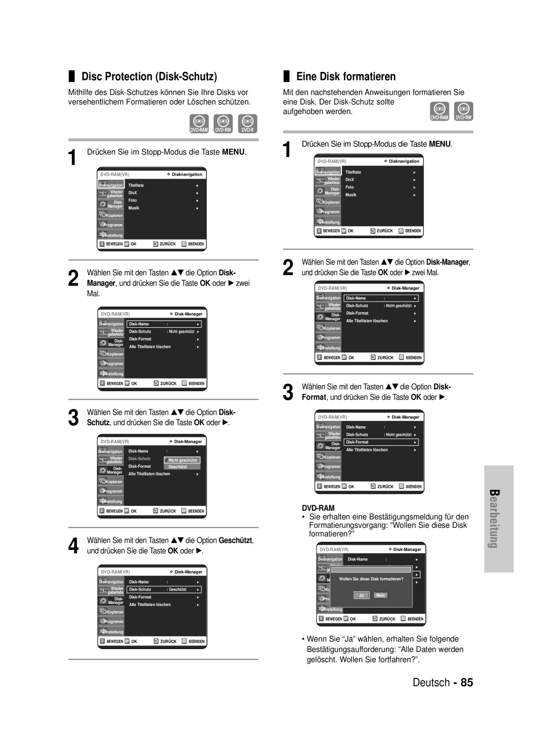 Samsung DVD-VR325/XEG manual Disc Protection Disk-Schutz, Eine Disk formatieren 