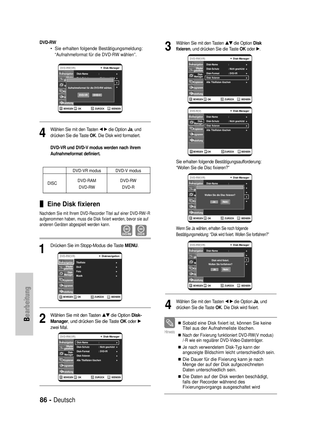 Samsung DVD-VR325/XEG Eine Disk fixieren, Wählen Sie mit den Tasten œ √ die Option Ja, und, Wollen Sie die Disc fixieren? 