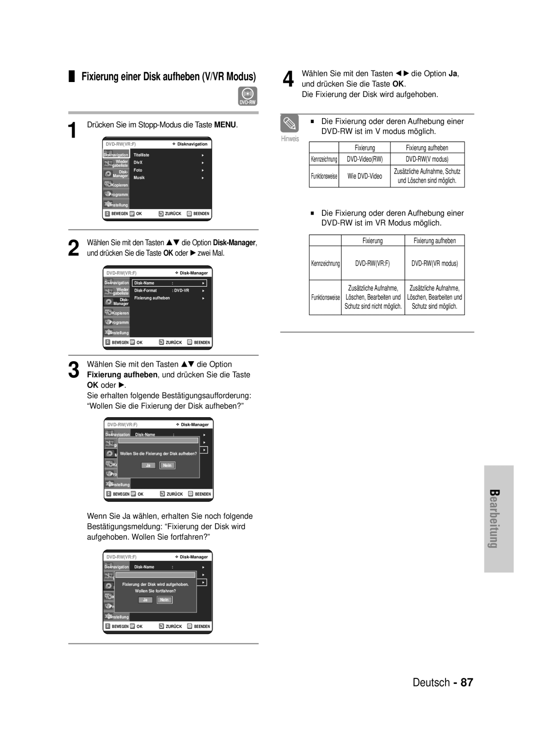 Samsung DVD-VR325/XEG manual Fixierung einer Disk aufheben V/VR Modus, Fixierung aufheben, und drücken Sie die Taste 