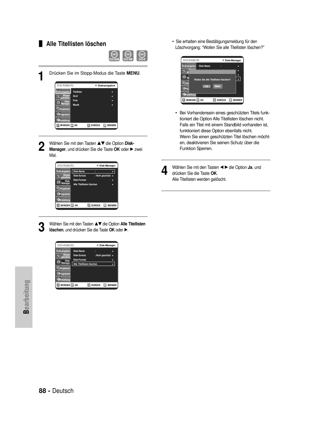 Samsung DVD-VR325/XEG manual Alle Titellisten löschen, Wählen Sie mit den Tasten …† die Option Alle Titellisten 