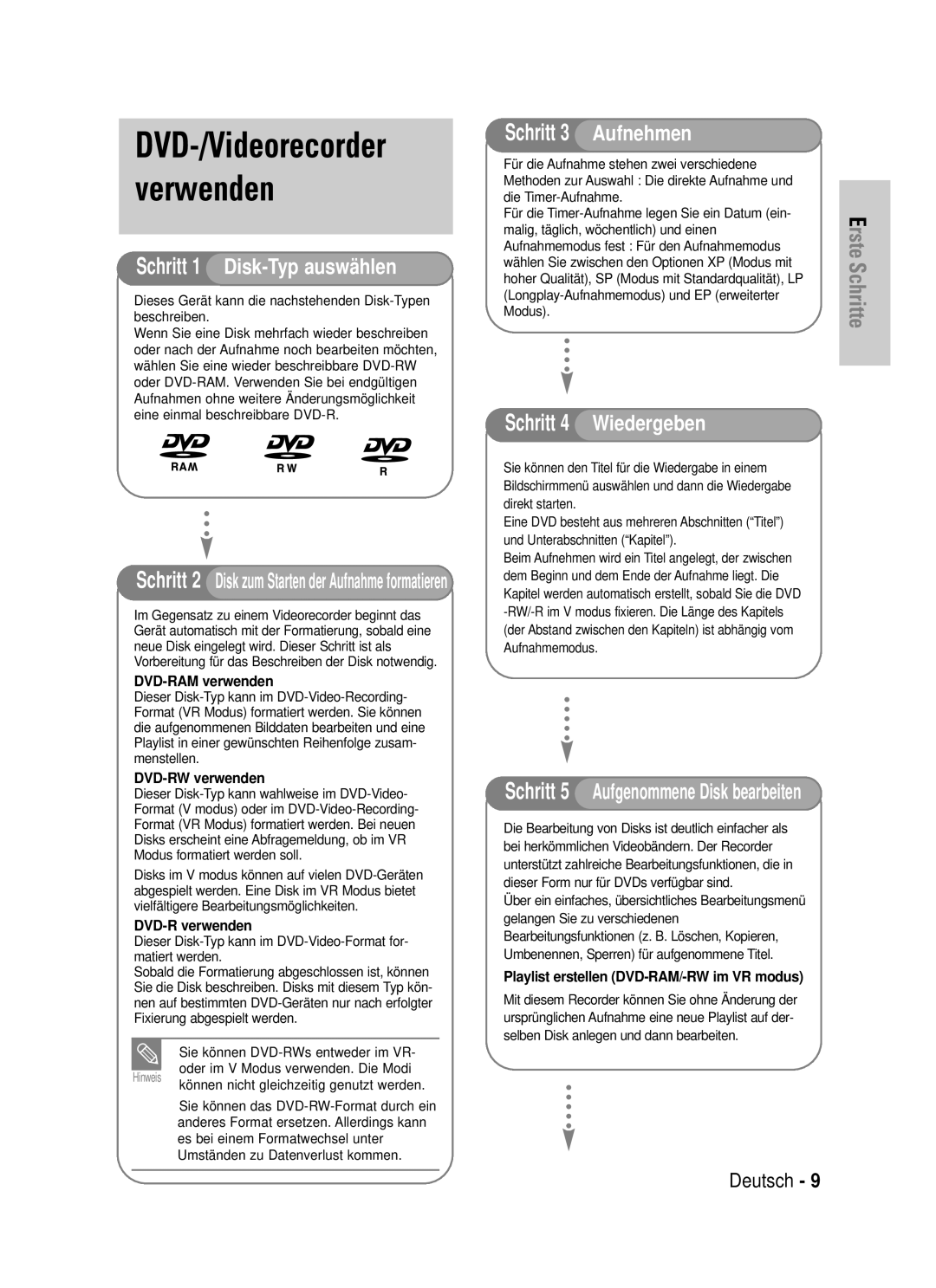 Samsung DVD-VR325/XEG manual DVD-/Videorecorder verwenden, Aufnahmemodus fest Für den Aufnahmemodus 