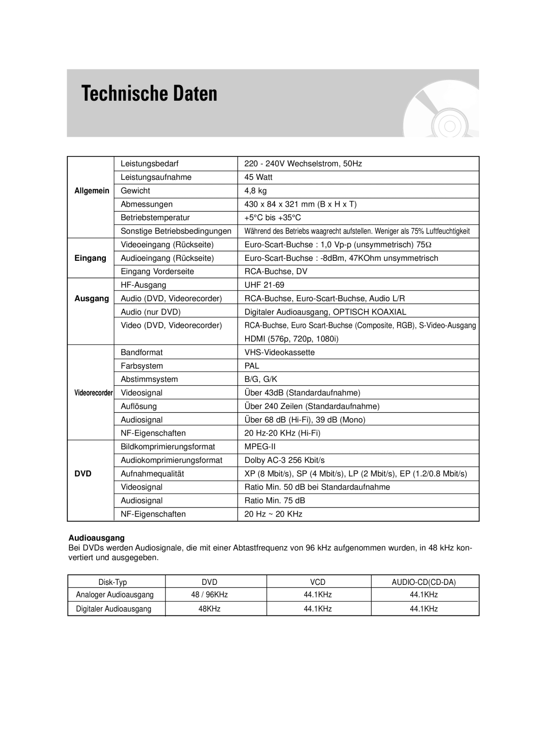 Samsung DVD-VR325/XEG manual Technische Daten, Eingang, Ausgang, Audioausgang 