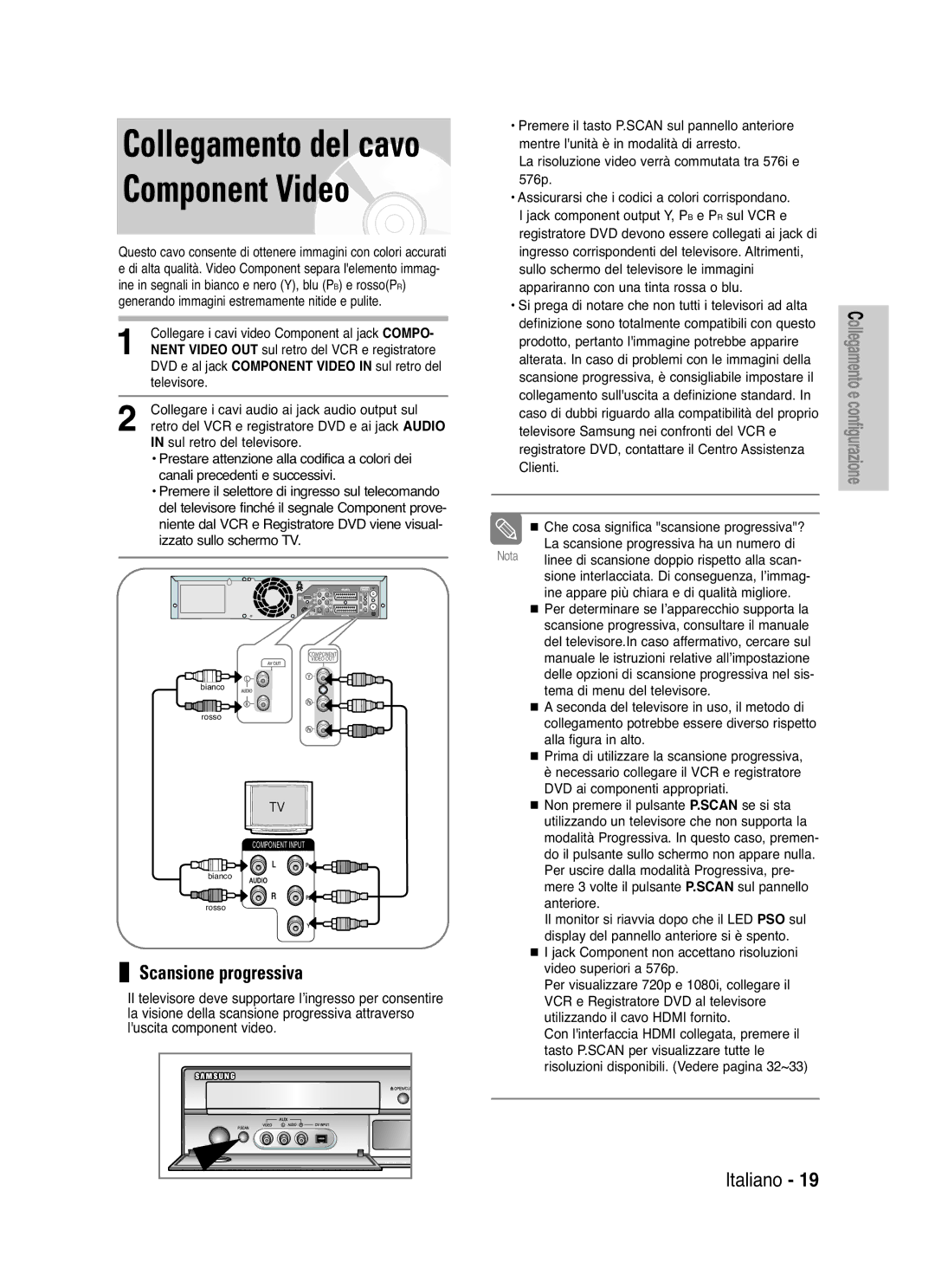 Samsung DVD-VR325/XET manual Collegamento del cavo Component Video, Scansione progressiva 