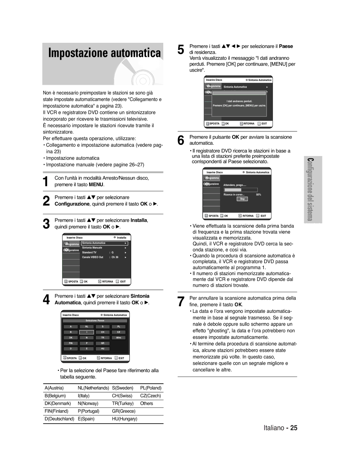 Samsung DVD-VR325/XET manual Premere i tasti …† per selezionare Sintonia, Automatica, quindi premere il tasto OK o √ 