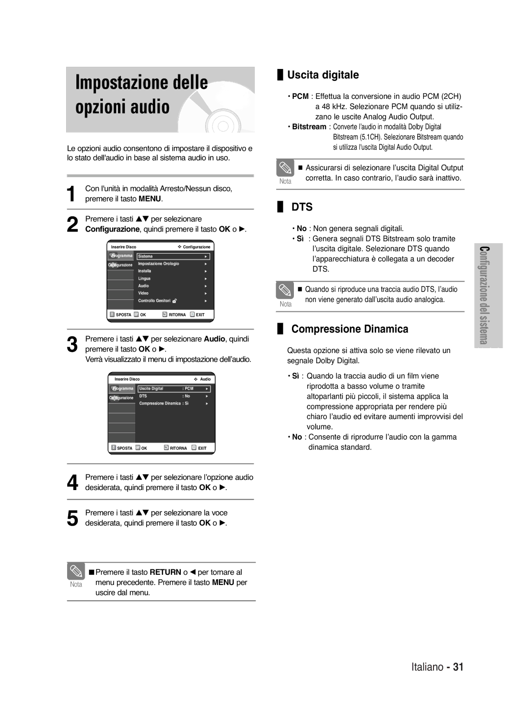 Samsung DVD-VR325/XET manual Impostazione delle opzioni audio, Uscita digitale, Compressione Dinamica 