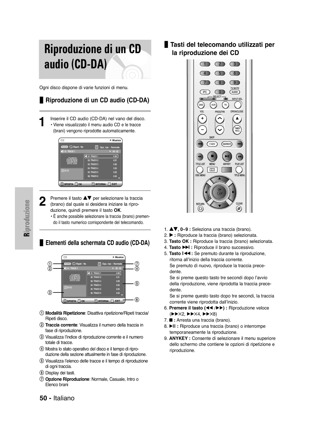 Samsung DVD-VR325/XET manual Riproduzione di un CD audio CD-DA, Tasti del telecomando utilizzati per la riproduzione dei CD 