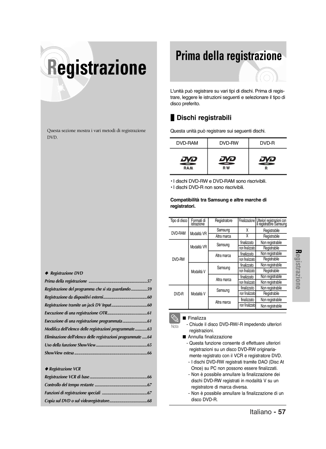 Samsung DVD-VR325/XET manual Prima della registrazione, Dischi registrabili 