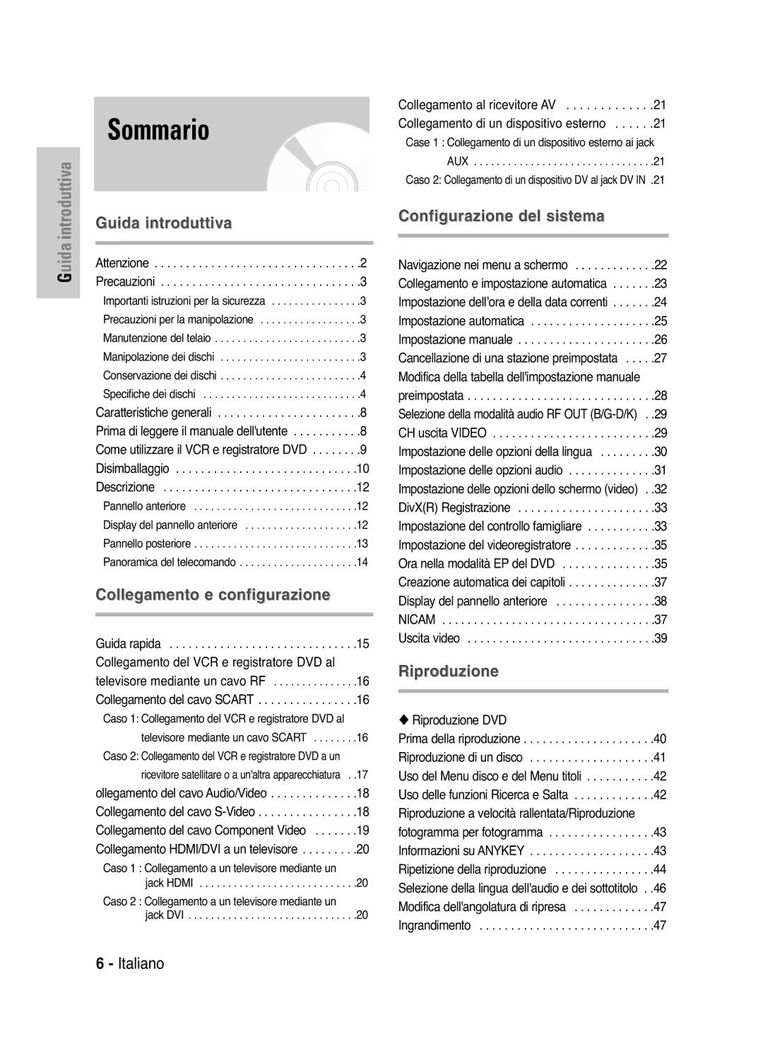 Samsung DVD-VR325/XET manual Sommario, Caso 2 Collegamento di un dispositivo DV al jack DV 