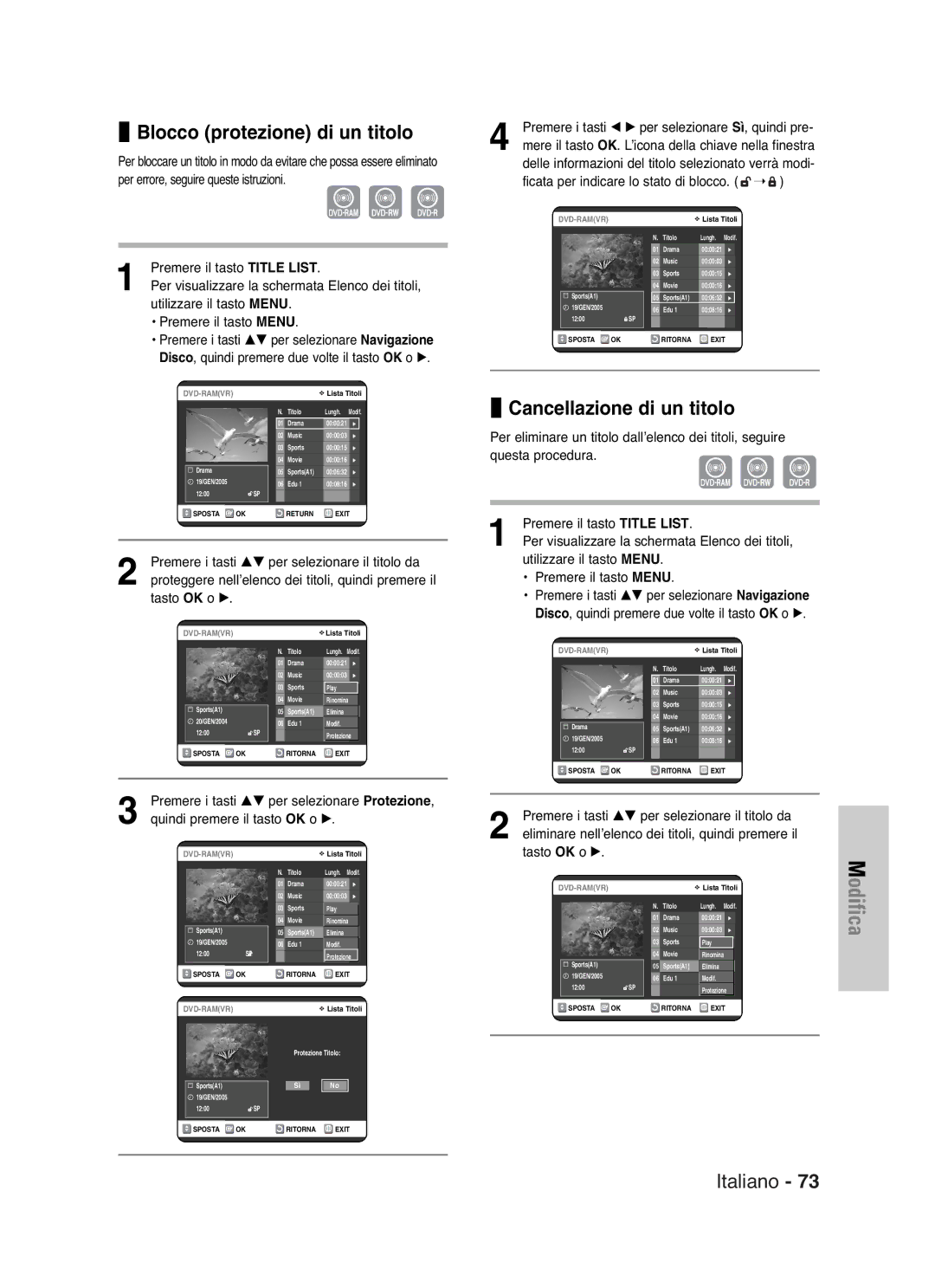 Samsung DVD-VR325/XET manual Blocco protezione di un titolo, Cancellazione di un titolo, Tasto OK o 