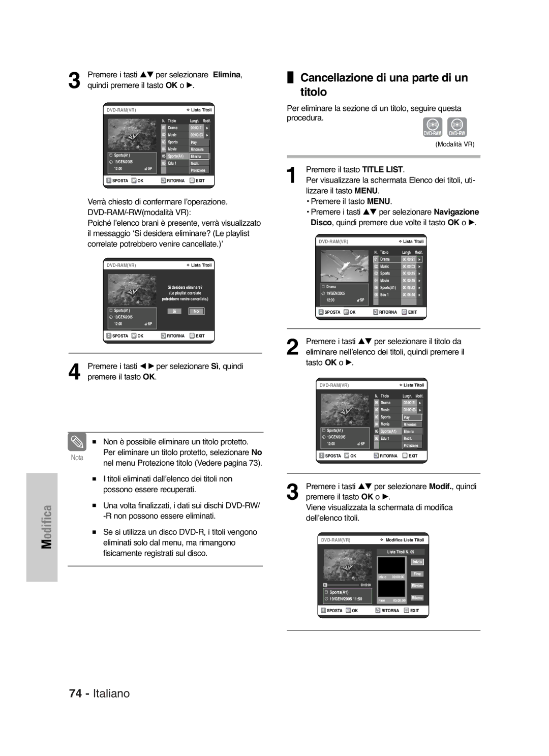 Samsung DVD-VR325/XET manual Cancellazione di una parte di un titolo 