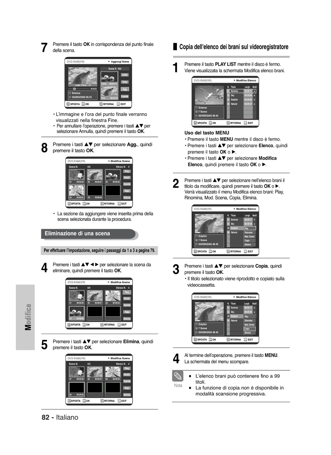 Samsung DVD-VR325/XET manual Copia dellelenco dei brani sul videoregistratore, Eliminare, quindi premere il tasto OK 