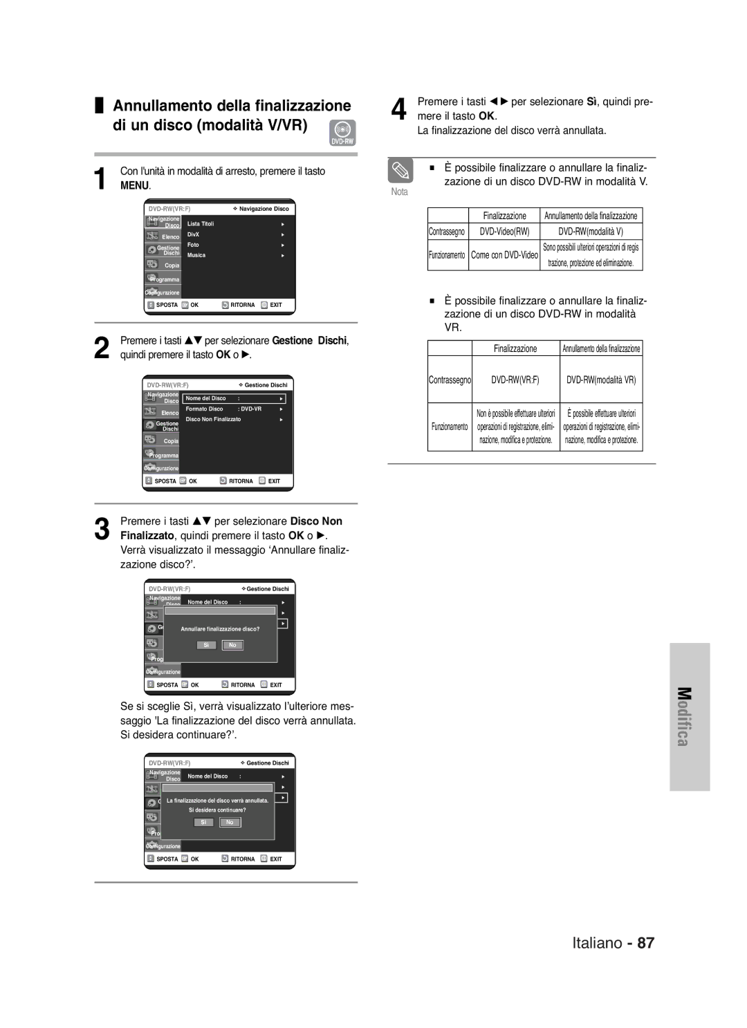 Samsung DVD-VR325/XET manual Annullamento della finalizzazione Di un disco modalità V/VR, Zazione disco?’, Finalizzazione 