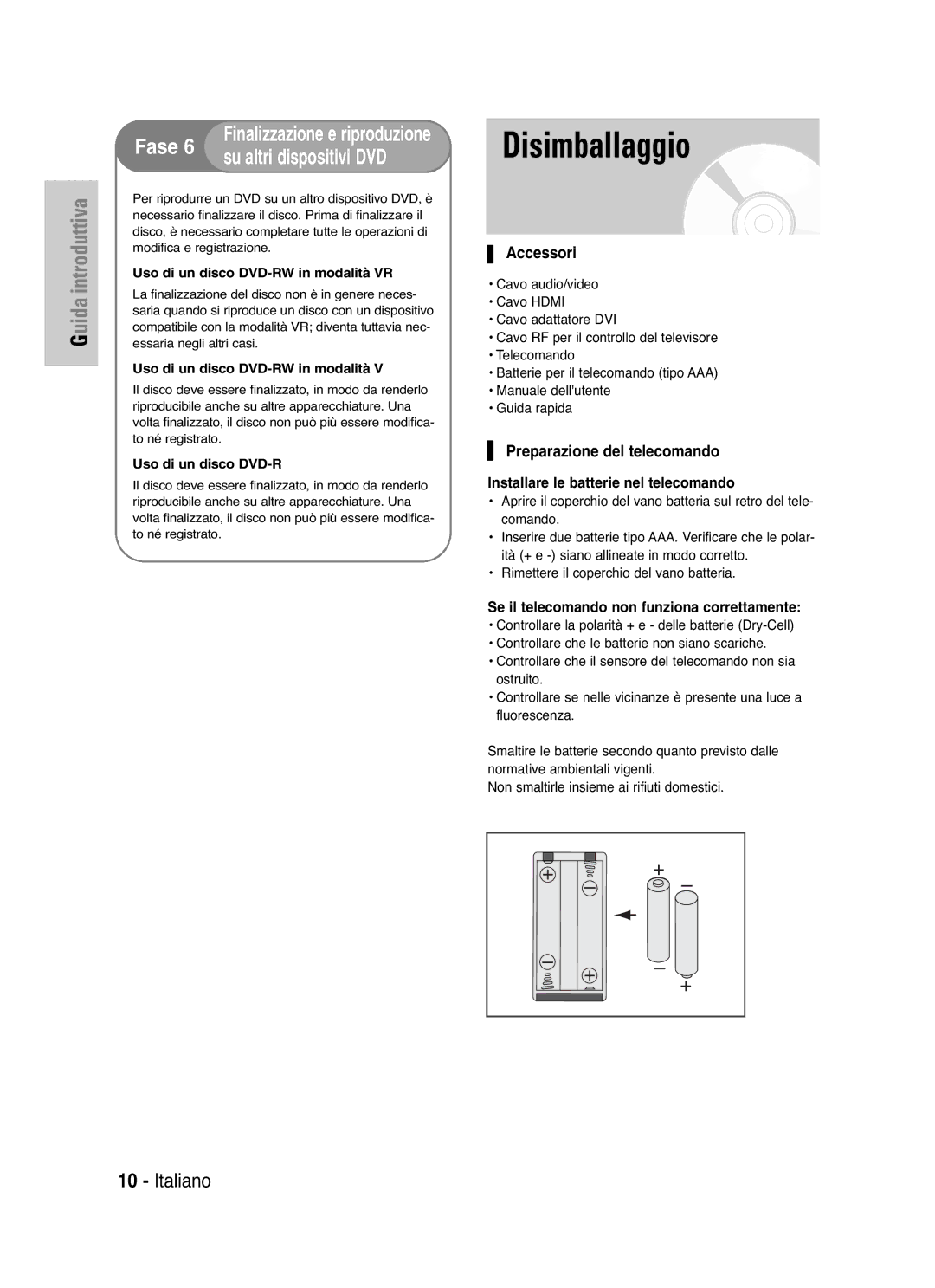 Samsung DVD-VR325/XET manual Disimballaggio, Accessori, Preparazione del telecomando 