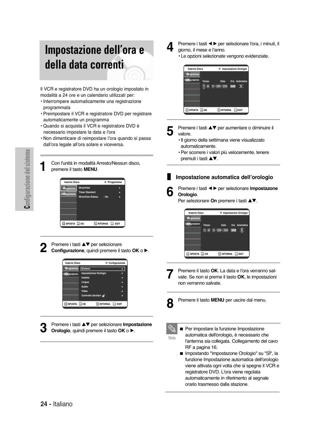 Samsung DVD-VR325/XET manual Impostazione automatica dell’orologio, Premere il tasto Menu 