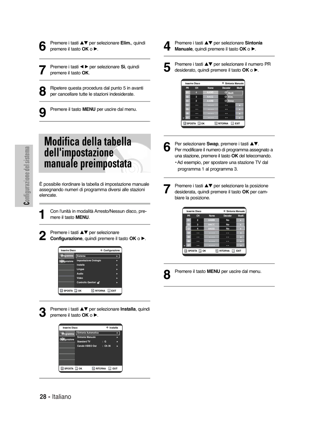 Samsung DVD-VR325/XET manual Per selezionare Swap, premere i tasti …†, Per modificare il numero di programma assegnato a 