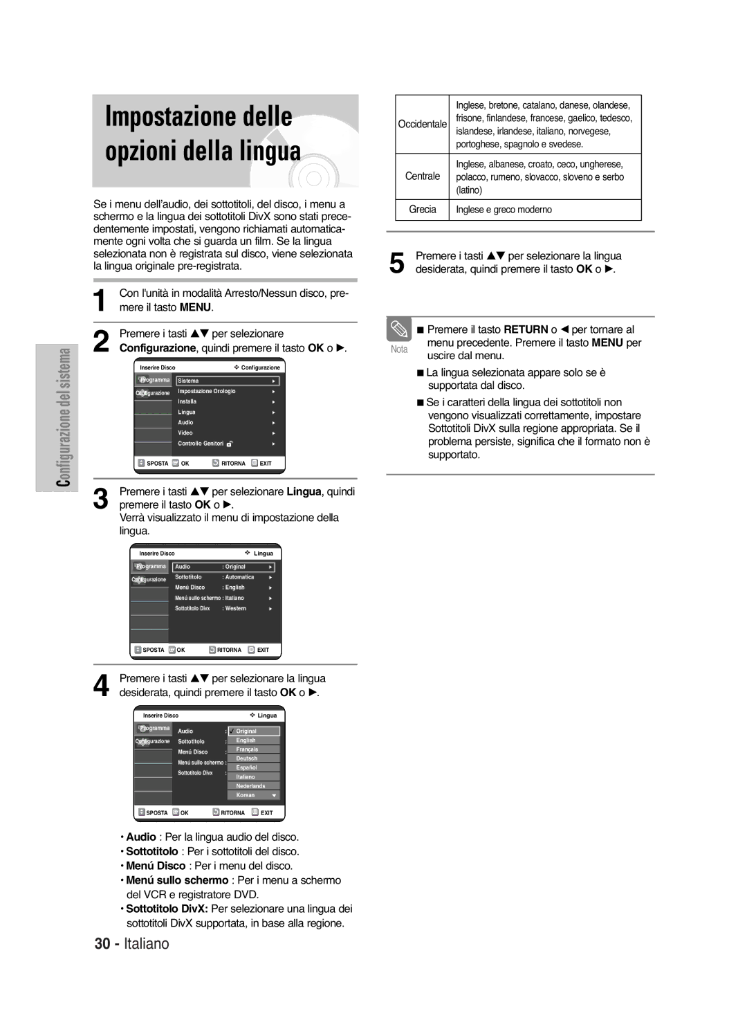 Samsung DVD-VR325/XET manual Impostazione delle opzioni della lingua, Premere i tasti …† per selezionare Lingua, quindi 