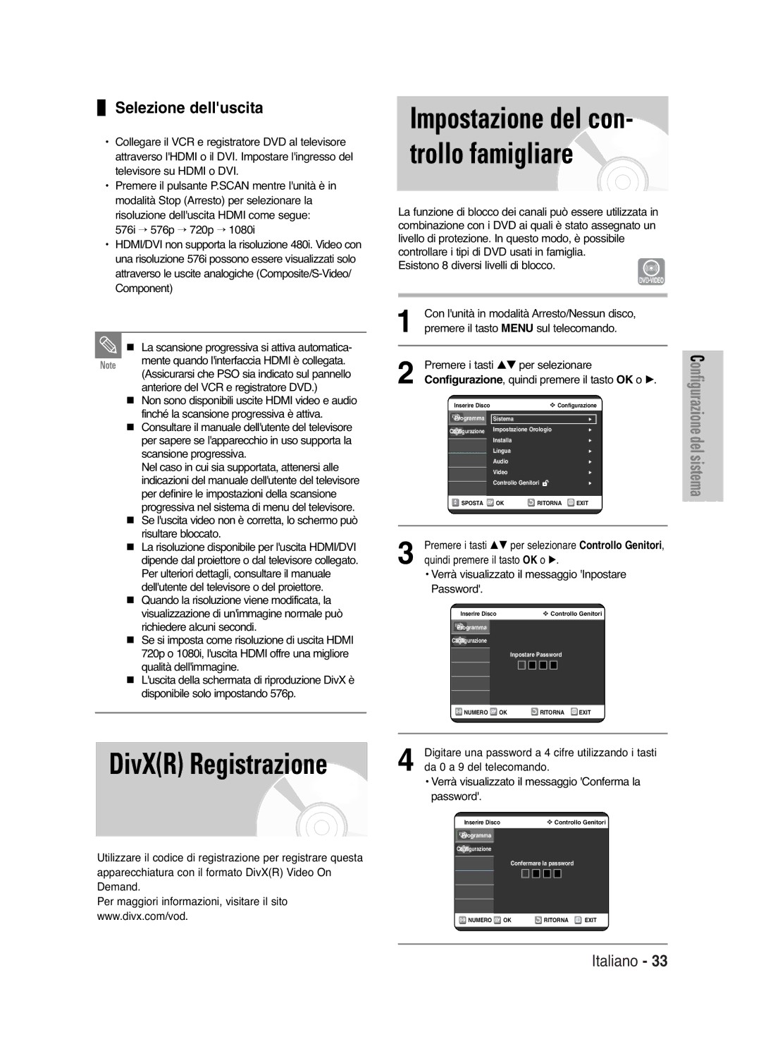 Samsung DVD-VR325/XET manual Impostazione del con- trollo famigliare, Selezione delluscita 