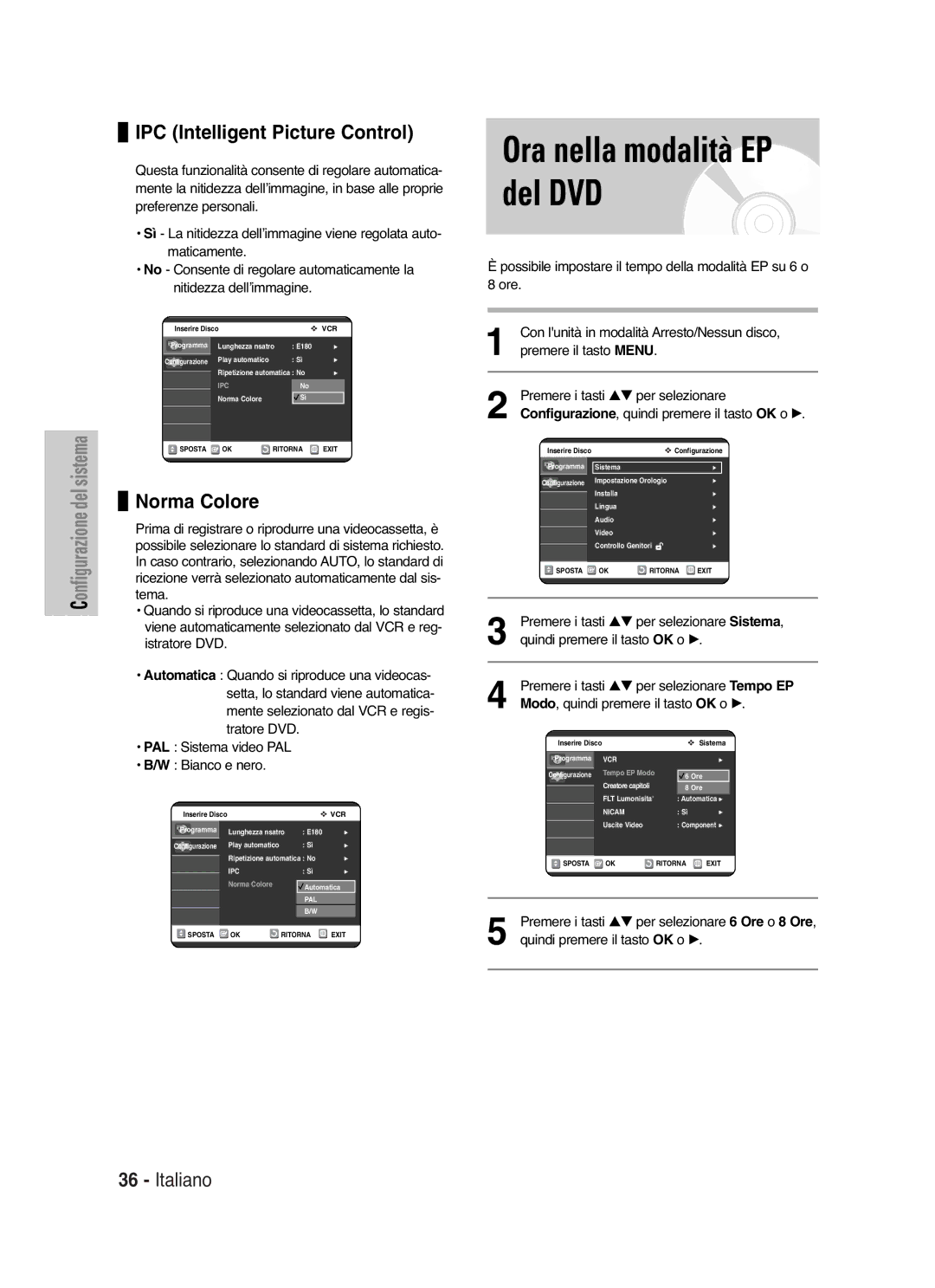 Samsung DVD-VR325/XET manual IPC Intelligent Picture Control, Norma Colore, Premere i tasti …† per selezionare Sistema 