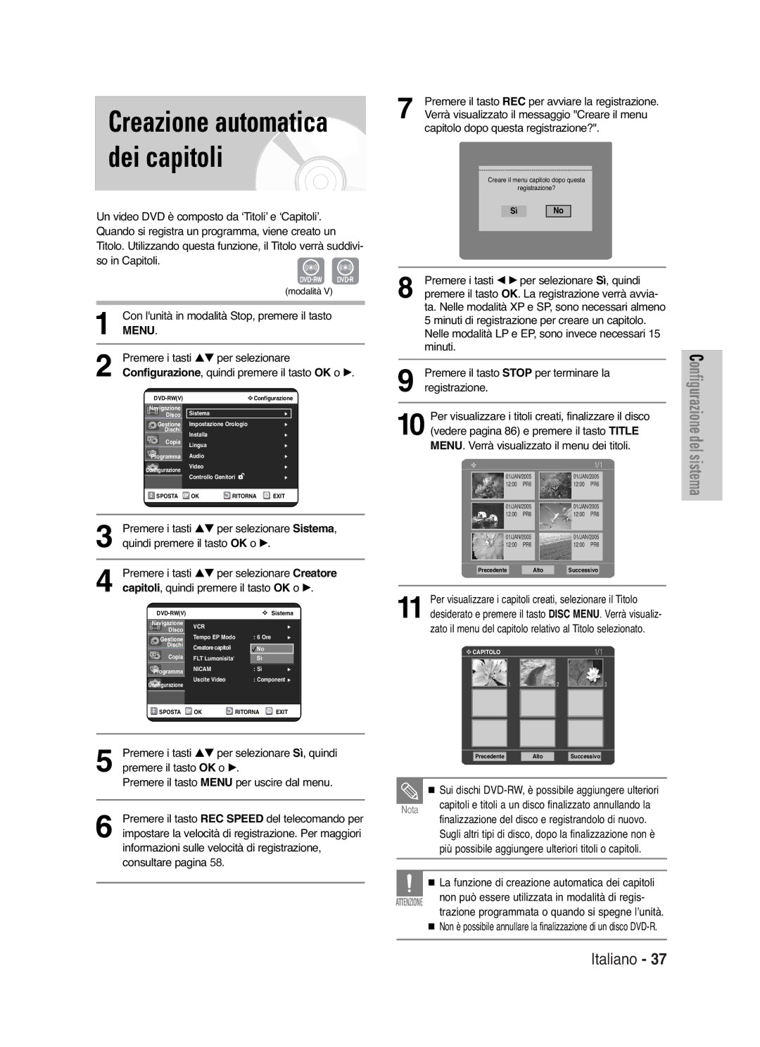 Samsung DVD-VR325/XET manual Creazione automatica dei capitoli, Con lunità in modalità Stop, premere il tasto, Modalità 