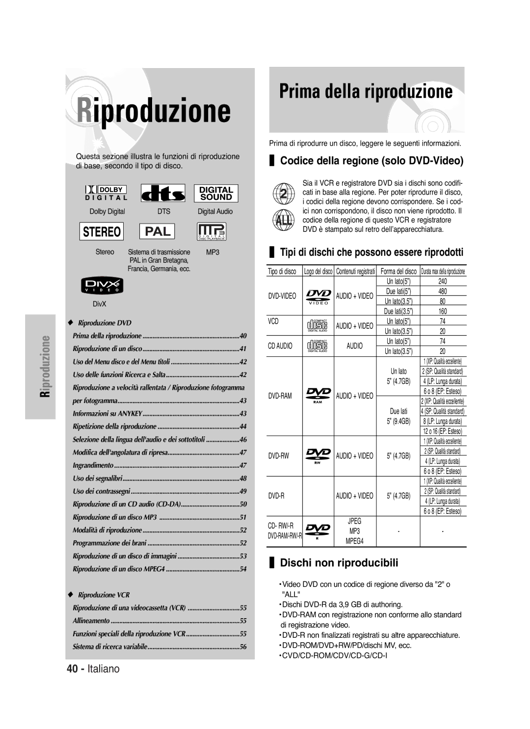 Samsung DVD-VR325/XET Prima della riproduzione, Codice della regione solo DVD-Video, Dischi non riproducibili, Stereo 