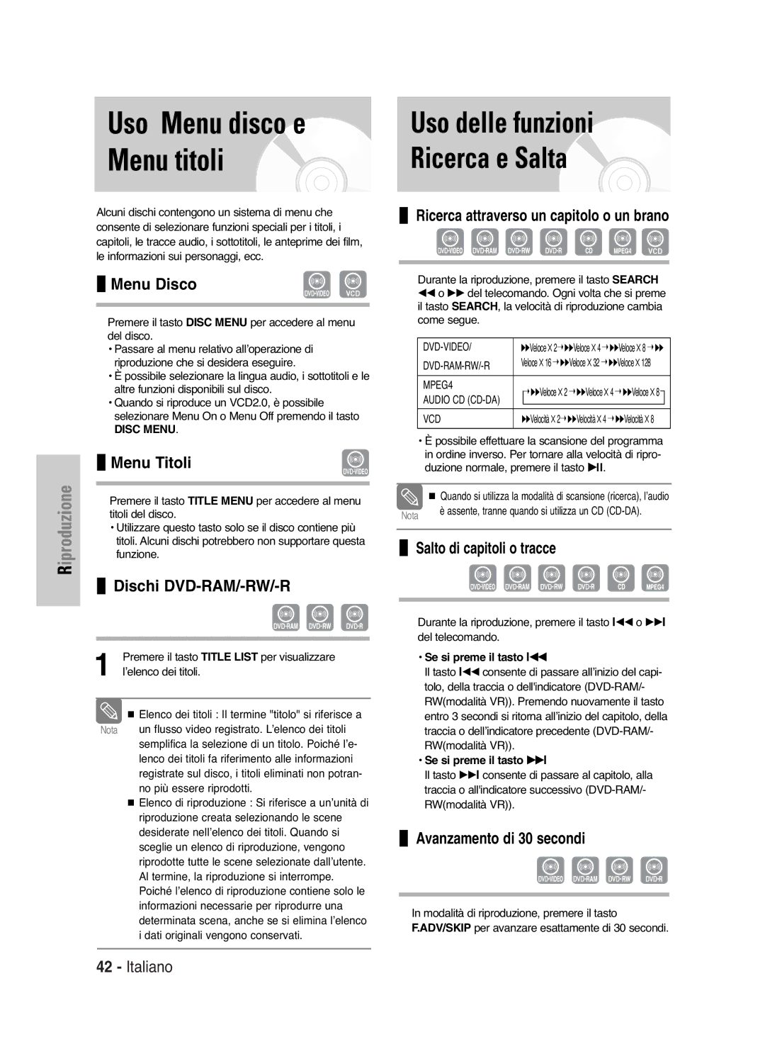 Samsung DVD-VR325/XET manual Uso Menu disco e Menu titoli, Uso delle funzioni Ricerca e Salta 