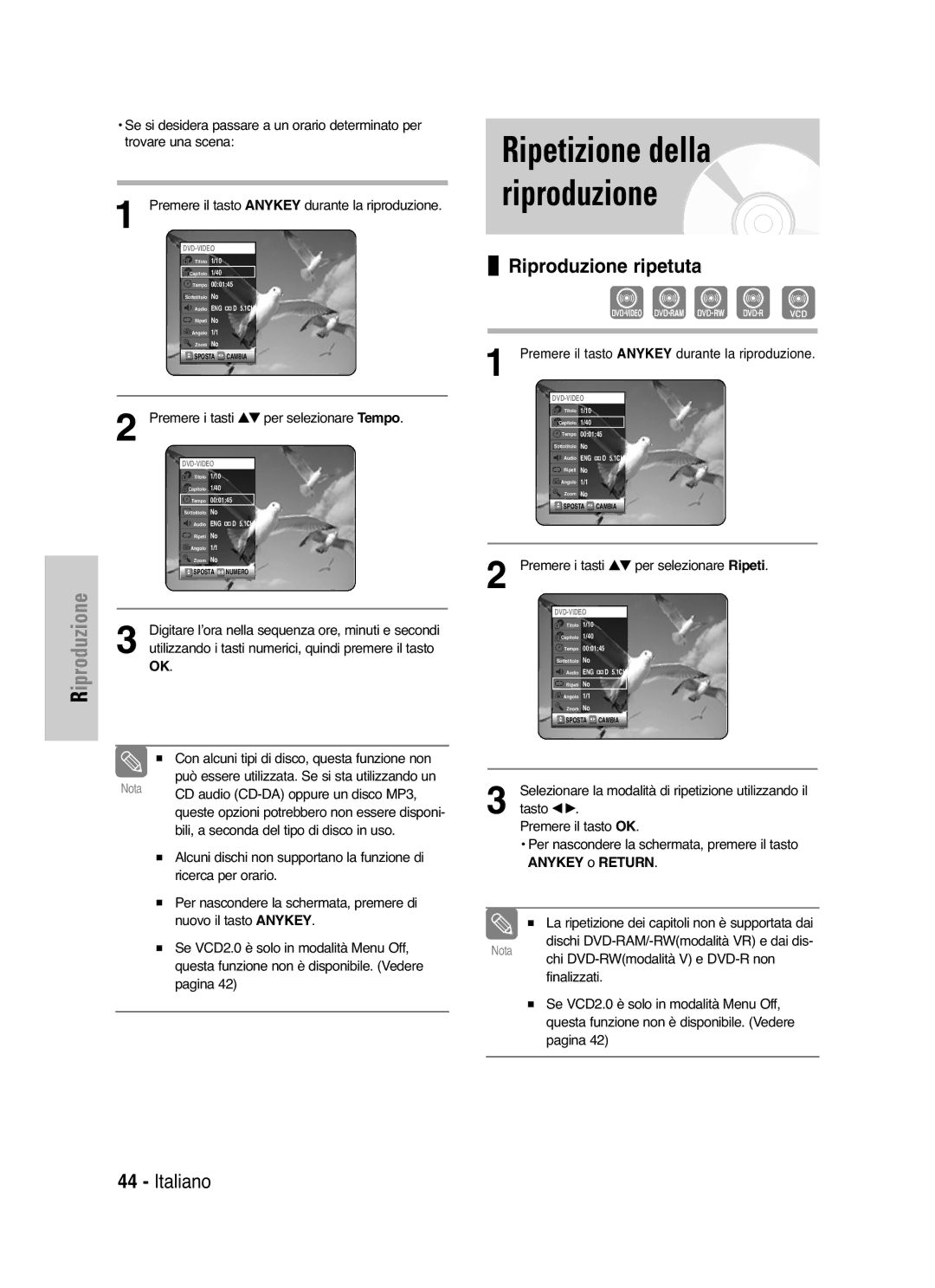 Samsung DVD-VR325/XET manual Ripetizione della riproduzione, Riproduzione ripetuta 