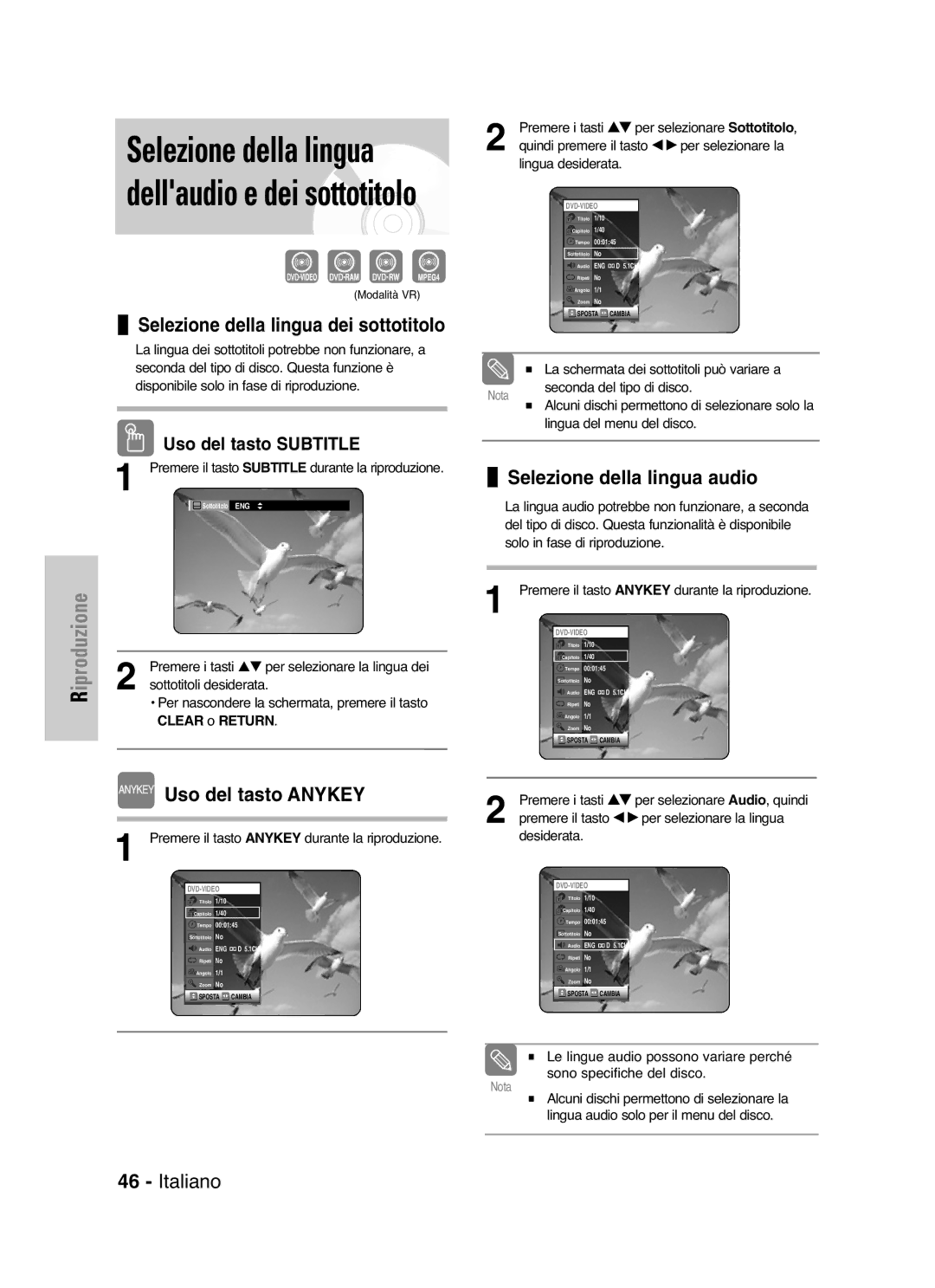 Samsung DVD-VR325/XET manual Selezione della lingua dei sottotitolo, Selezione della lingua audio, Uso del tasto Anykey 