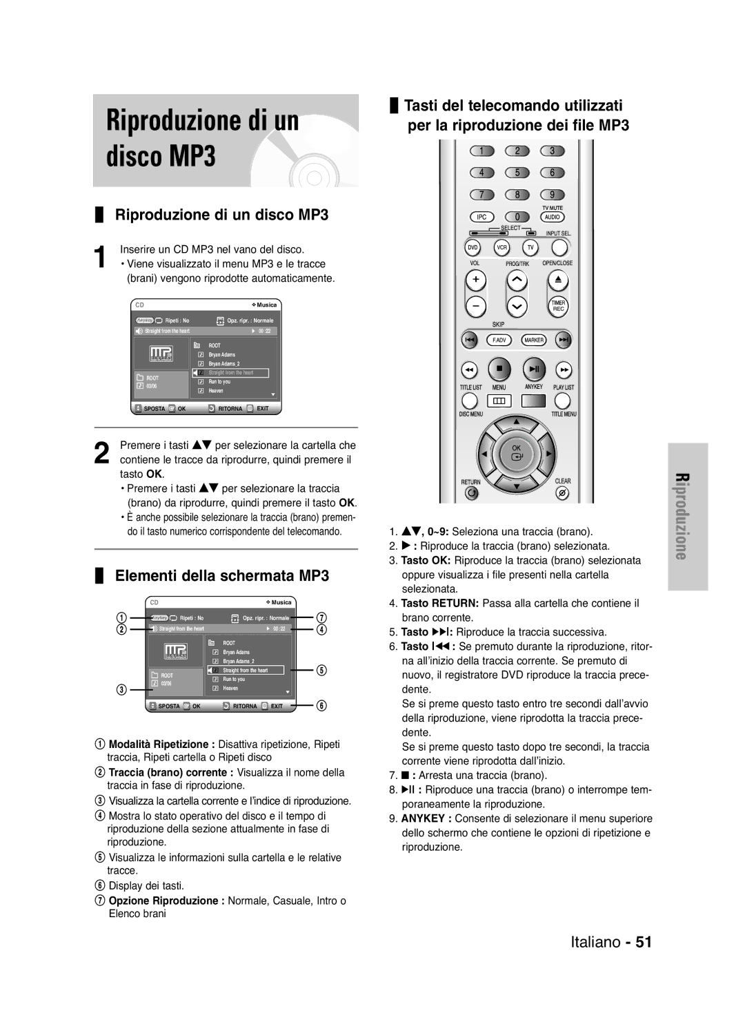 Samsung DVD-VR325/XET manual Riproduzione di un disco MP3, Elementi della schermata MP3 