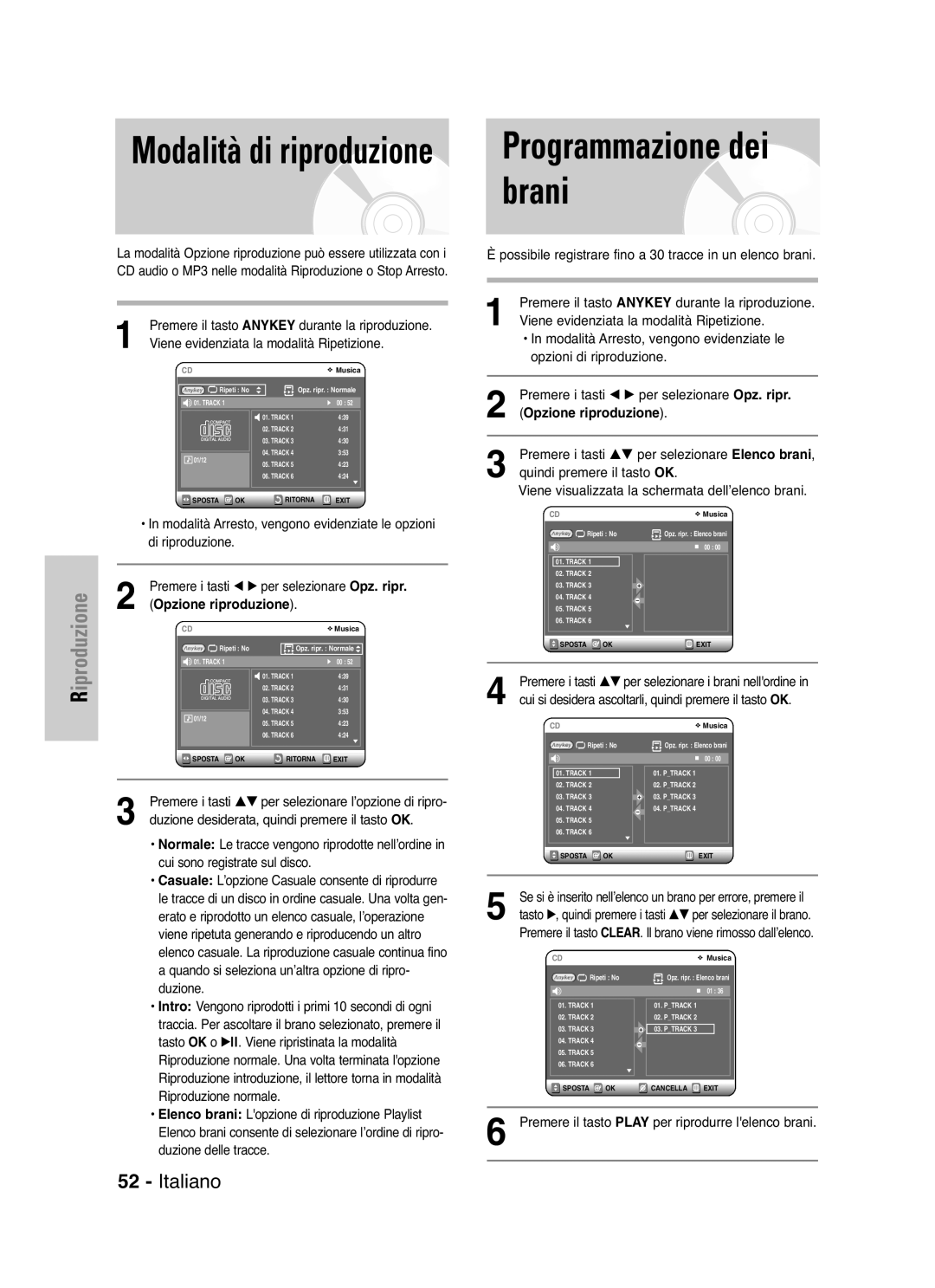 Samsung DVD-VR325/XET manual Brani, Programmazione dei, Viene evidenziata la modalità Ripetizione, Opzione riproduzione 