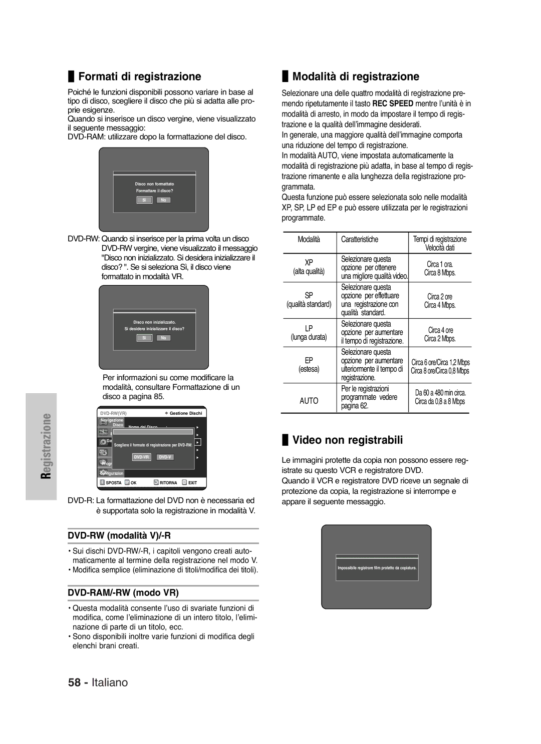 Samsung DVD-VR325/XET Formati di registrazione, Modalità di registrazione, Video non registrabili, DVD-RW modalità V/-R 