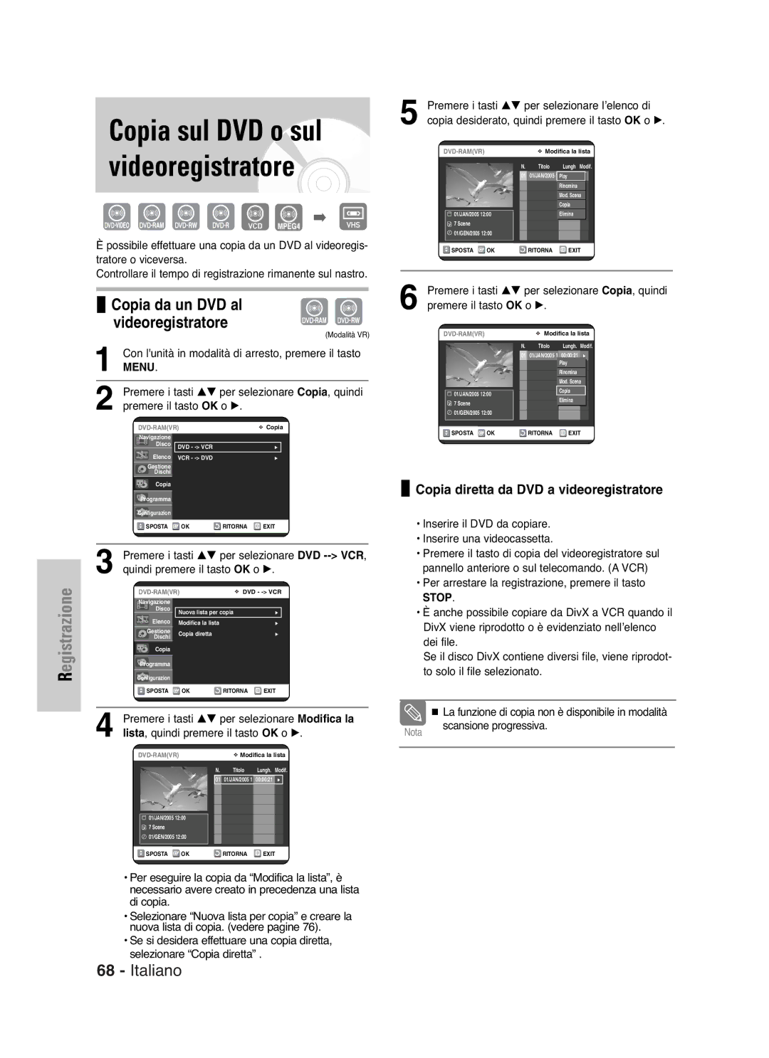 Samsung DVD-VR325/XET manual Copia sul DVD o sul, Videoregistratore, Copia da un DVD al videoregistratore 