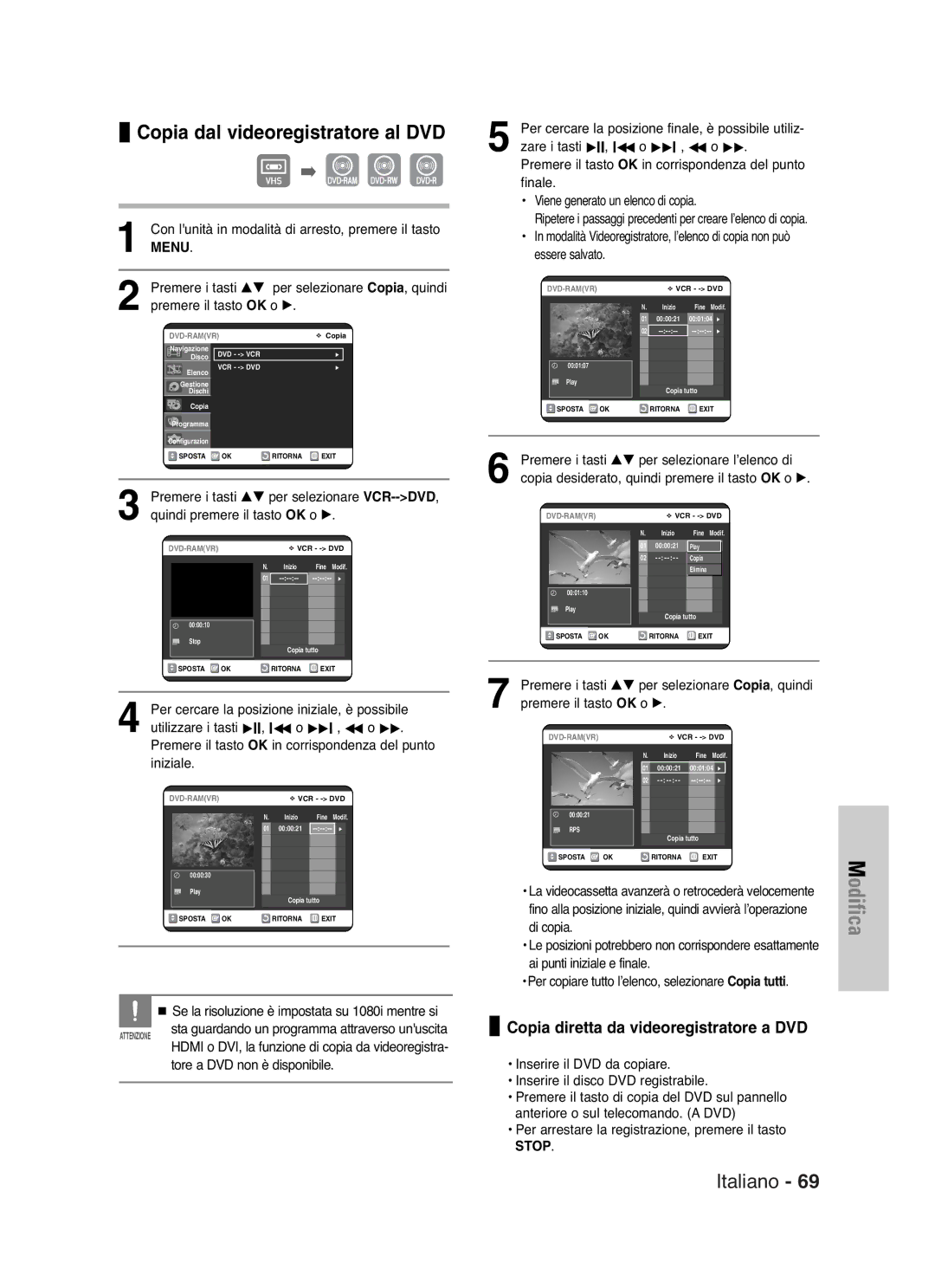 Samsung DVD-VR325/XET manual Copia dal videoregistratore al DVD, Copia diretta da videoregistratore a DVD 