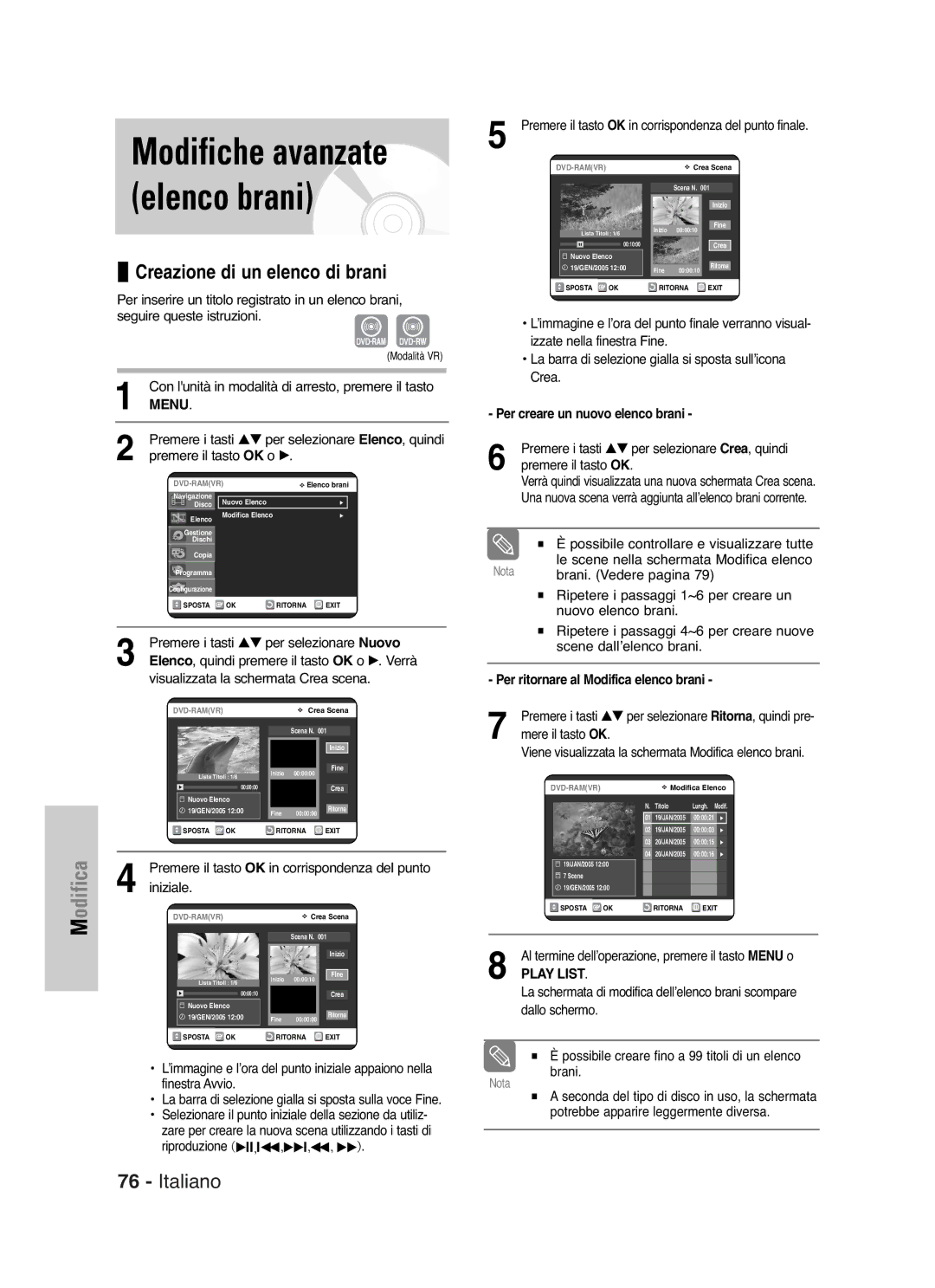 Samsung DVD-VR325/XET manual Modifiche avanzate elenco brani, Premere i tasti …† per selezionare Nuovo 