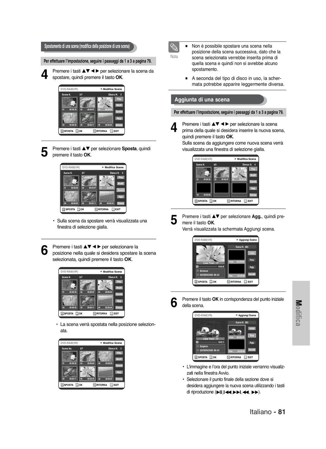 Samsung DVD-VR325/XET manual Premere i tasti …† œ √ per selezionare la scena da, Spostare, quindi premere il tasto OK 