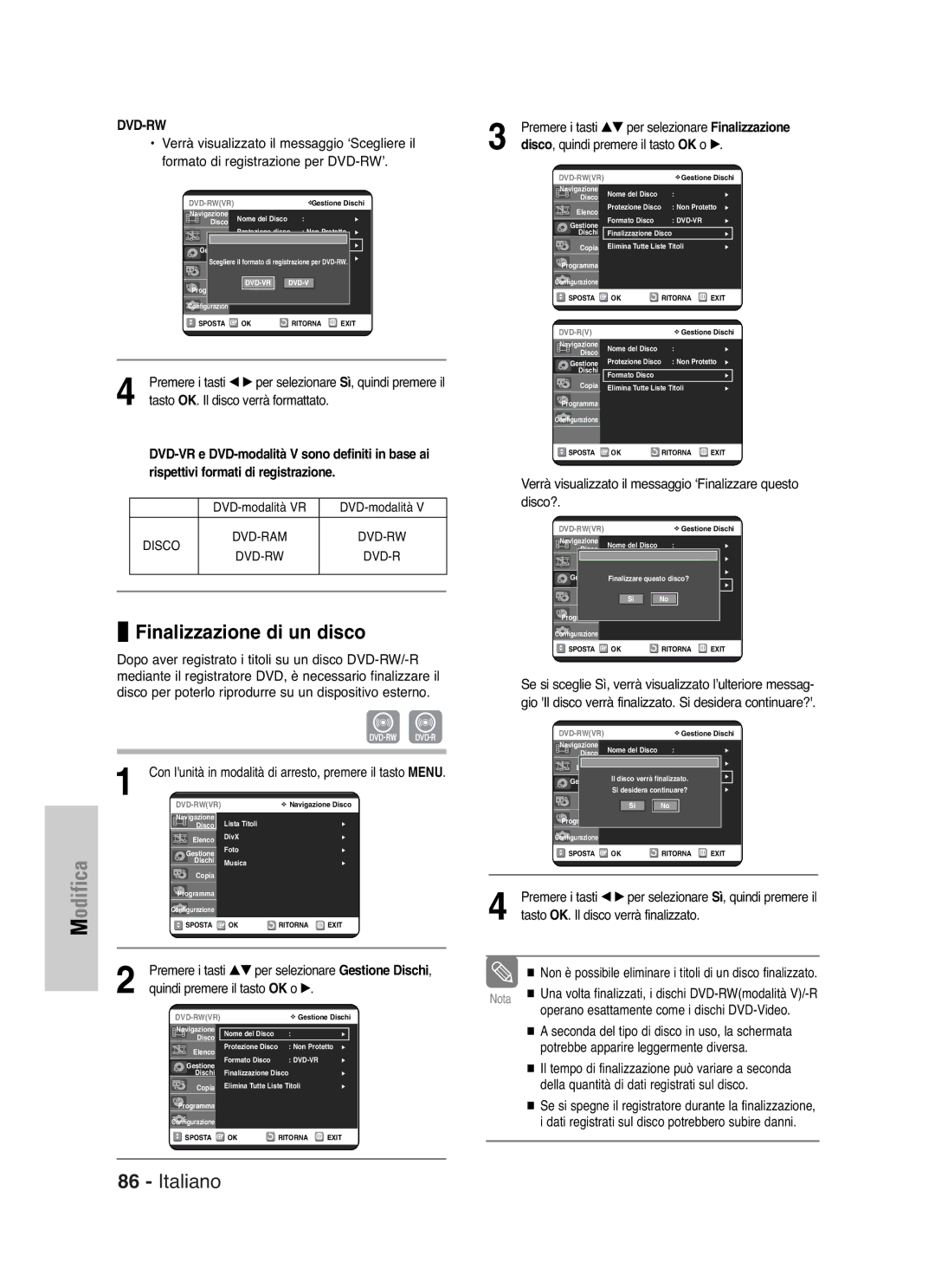 Samsung DVD-VR325/XET manual Finalizzazione di un disco 