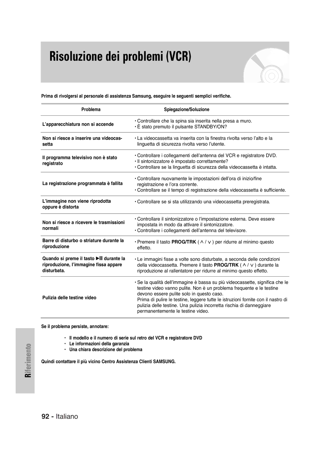 Samsung DVD-VR325/XET manual Risoluzione dei problemi VCR 