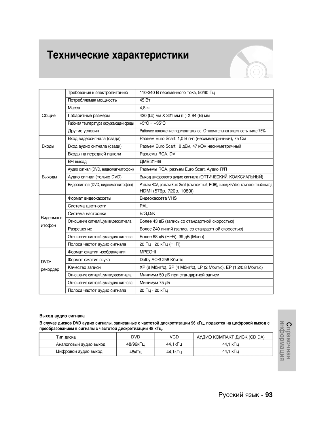 Samsung DVD-VR325/XEV manual ÍÂıÌË˜ÂÒÍËÂ ı‡‡ÍÚÂËÒÚËÍË 